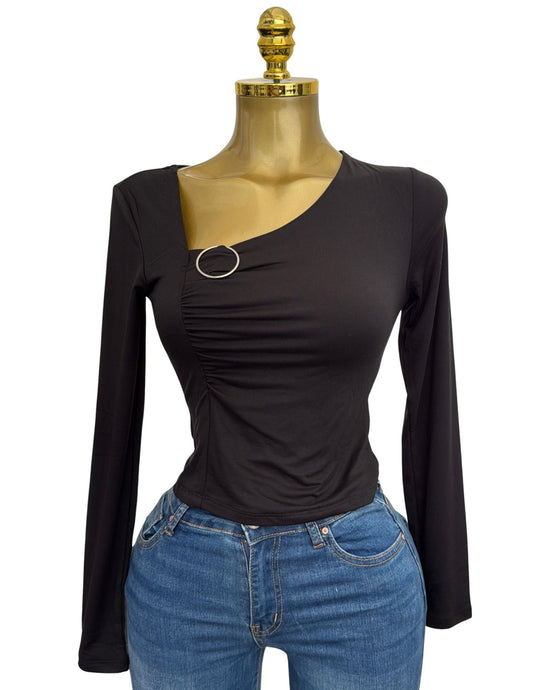 ASYMMETRICAL BUCKLED NECK TOP